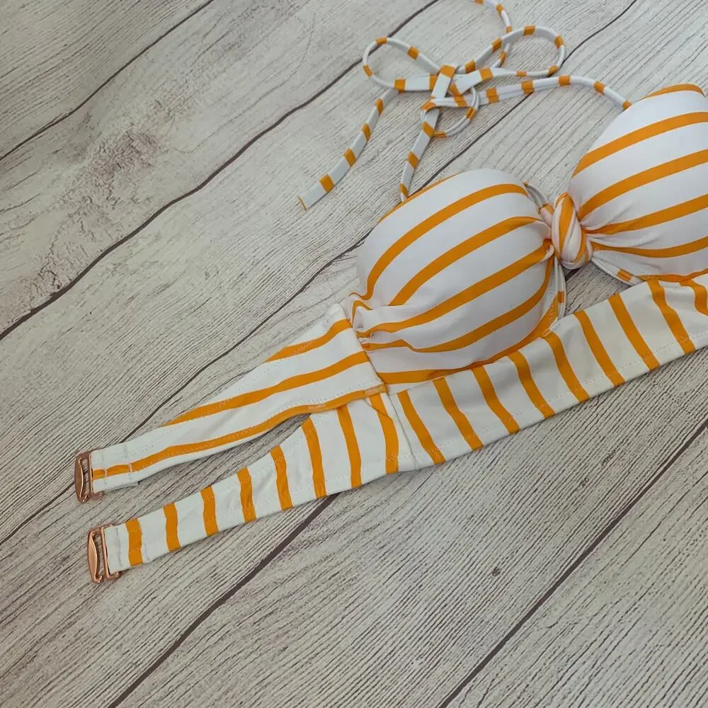 Shade & Shore Yellow and White Stripe Bikini Top Front Keyhole Halter Straps 34A